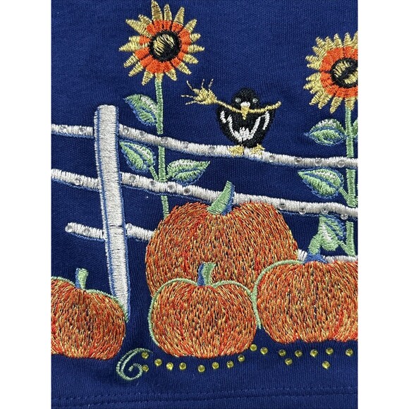 Quacker Factory Cardigan Blue Large Fall Scarecrow Pumpkin Sunflower Embroidered - Picture 4 of 9
